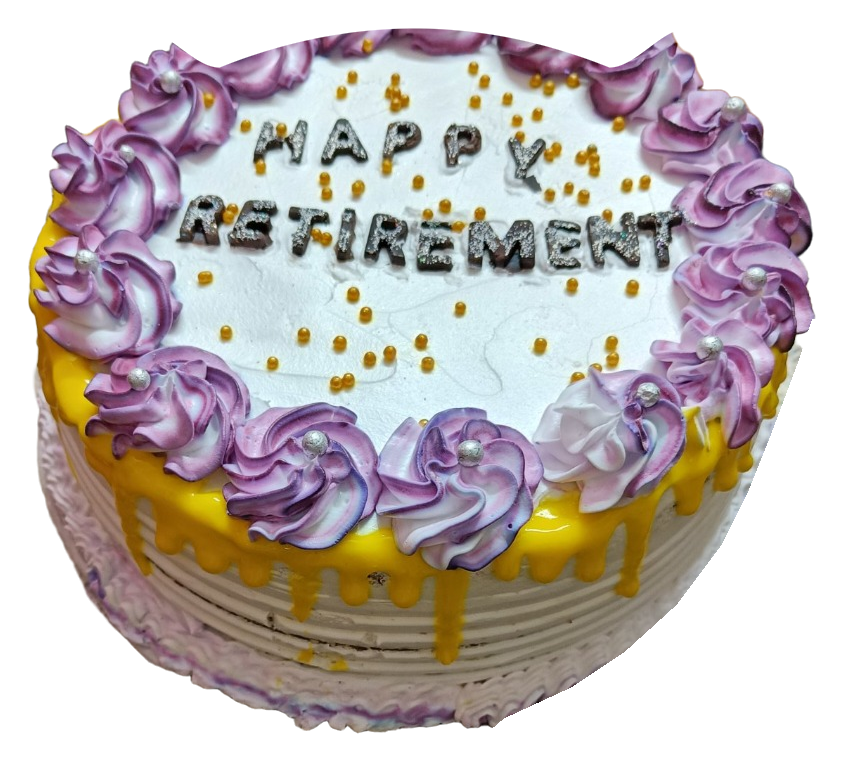 A white cake with yellow drips, lavender-and-white piped swirls, metallic-coloured pearls and a celebration message.