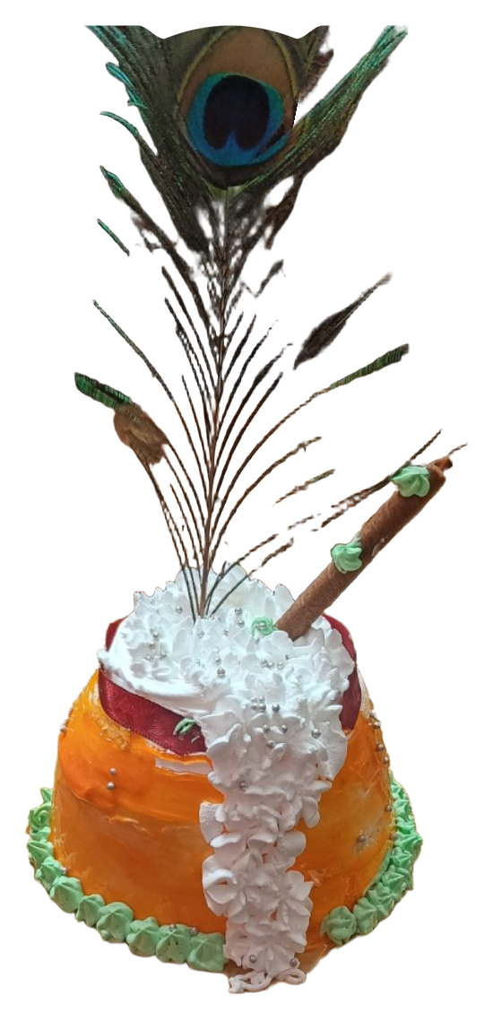 An orange cake with white floral piping, green trim and a tall peacock feather decoration.