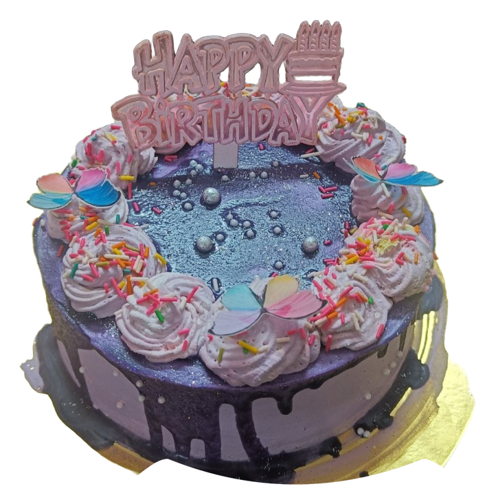 A purple drip cake with pale swirls, colourful butterflies, sprinkles and a Happy Birthday topper.