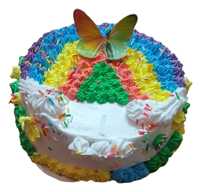 A white cake with rainbow-coloured piped arcs, sprinkles and a large multicoloured butterfly topper.