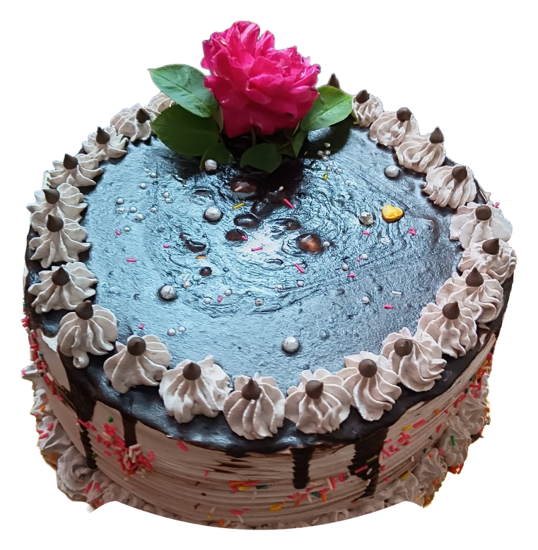 A dark-topped drip cake with pale piped swirls, silver-coloured pearls and a pink rose with green leaves.