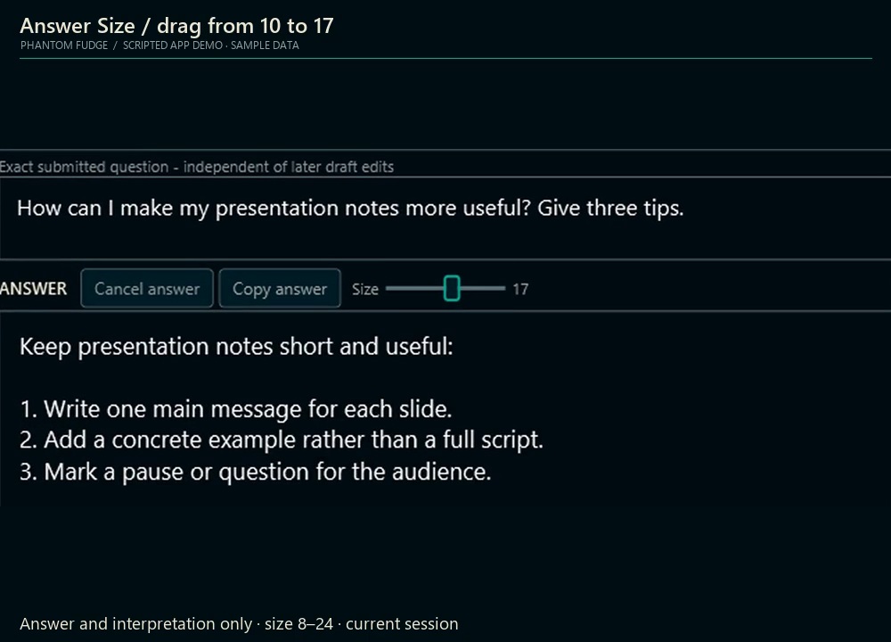Scripted sample increasing the answer font-size slider from 10 to 17