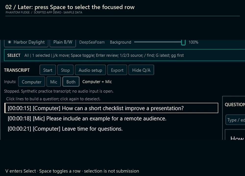 Scripted keyboard sample entering Select mode with V and later selecting a row with Space