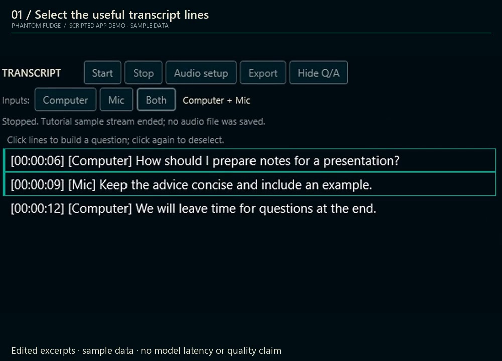 Scripted sample: select transcript lines, later explicitly Ask, then read the sample answer